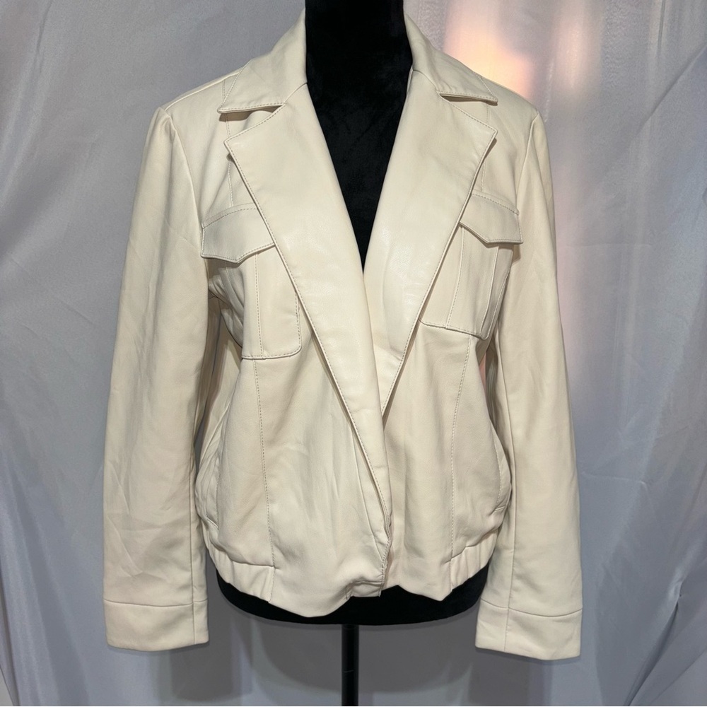 INC International Concepts Moto Bomber Cream Faux Leather One Snap Jacket Size L